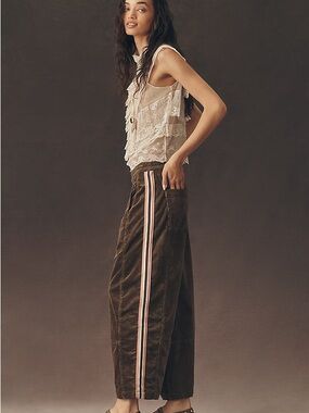 Pilcro Wide-Leg Corduroy Barrel Pants in Brown with Pink & White Side Stripes